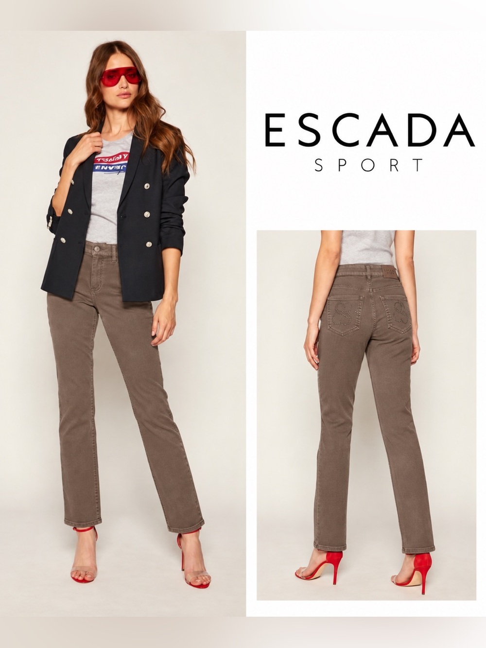 ESCADA SPORT Linda Slim Brown Crystal Embellished Jeans Made in Italy Size 40/ 8